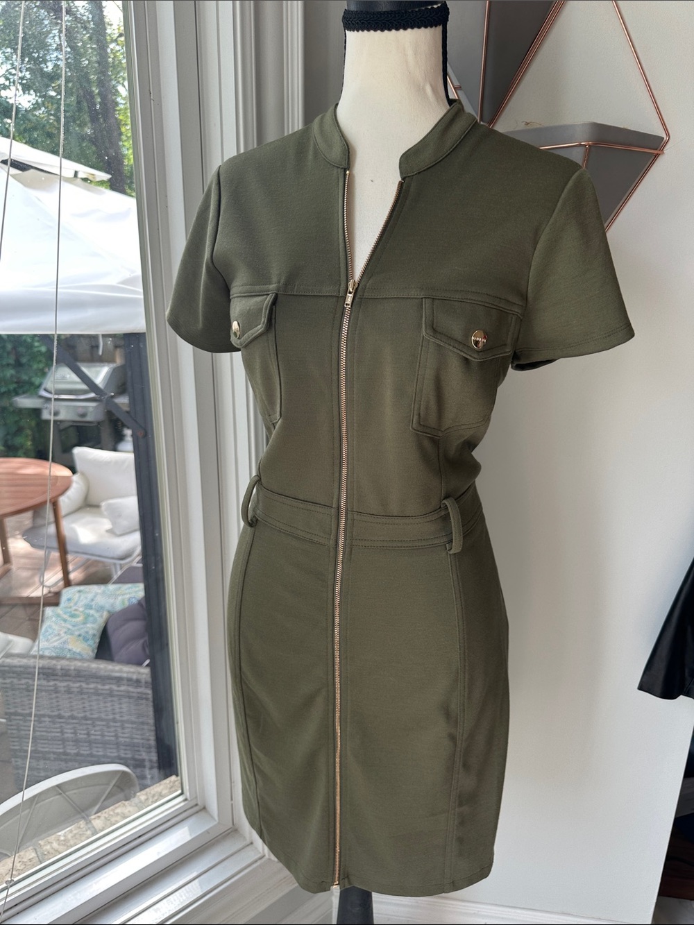 GUESS Olive Army Green Zip-Front Short Sleeve Dress Utility Slim Bodycon Large